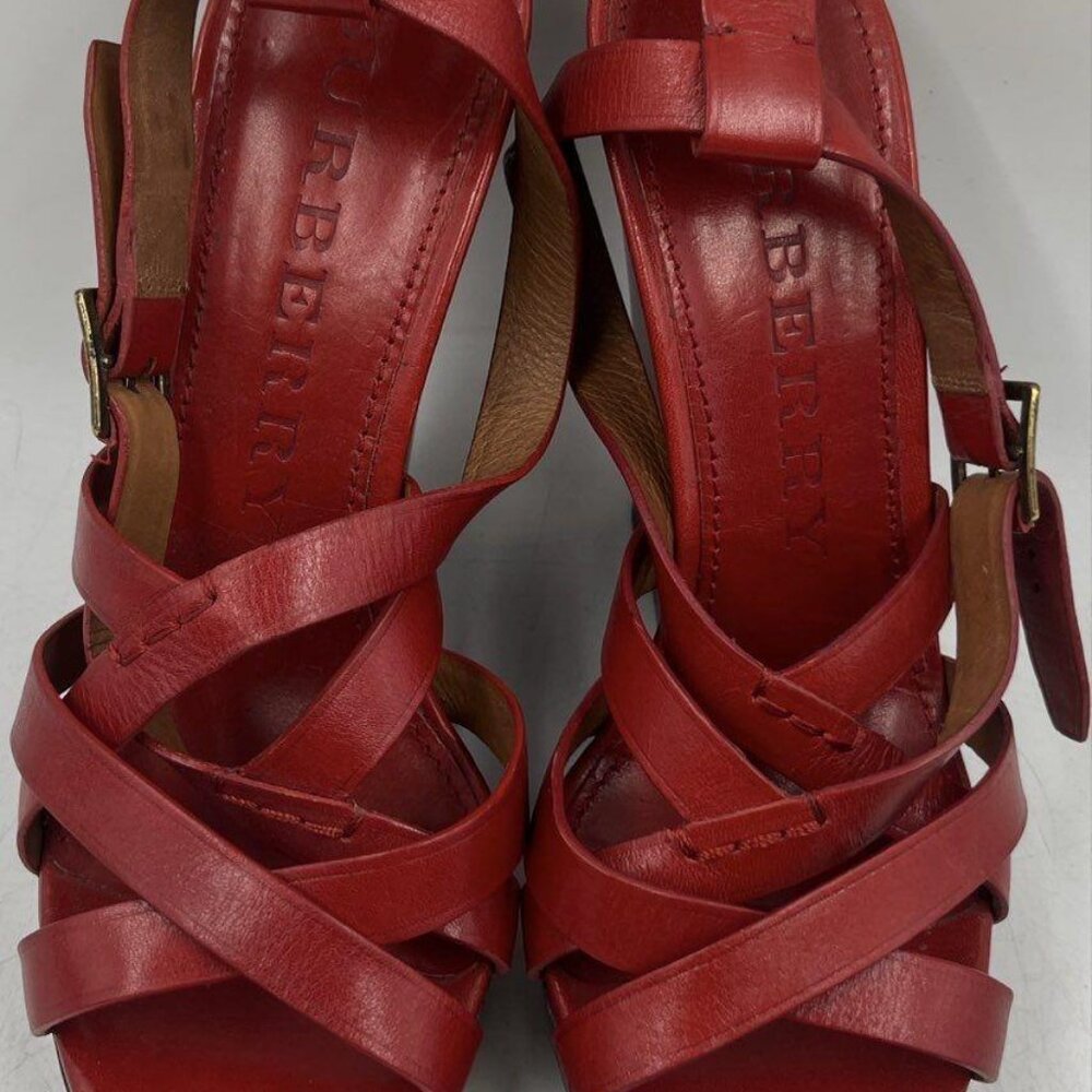 Burberry Women's 9 Strappy Red Leather 1.5" Platform Stacked Wedge 5.5" Heels - Picture 13 of 13